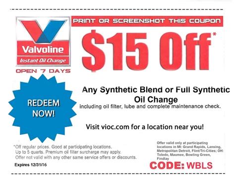 coupons for valvoline oil change